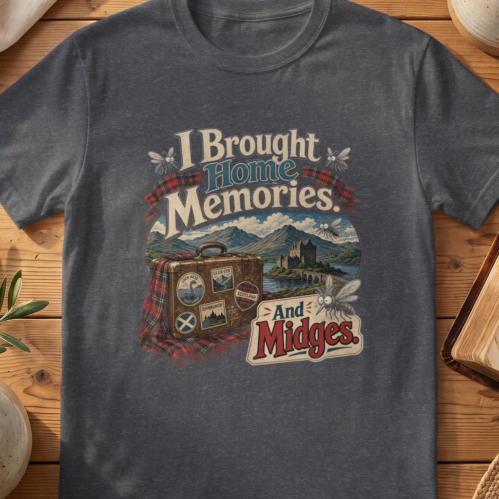 Dark grey Gildan 64000 unisex T-shirt flatlay with Memories and Midges Scottish graphic design