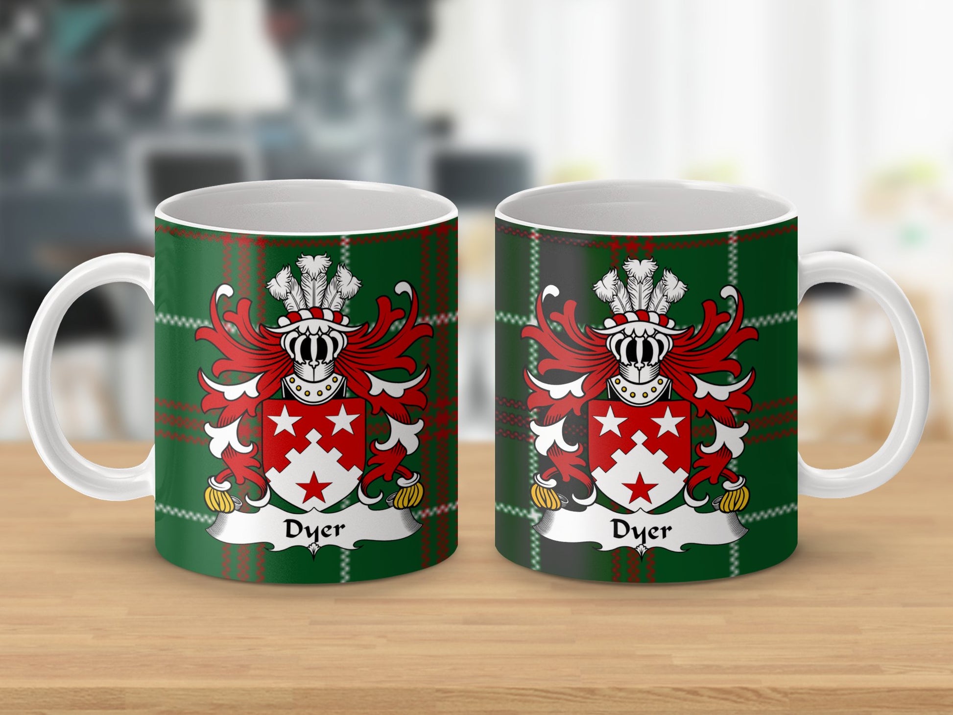 Dyer Surname Coat of Arms on Tartan Background Mug - Living Stone Gifts