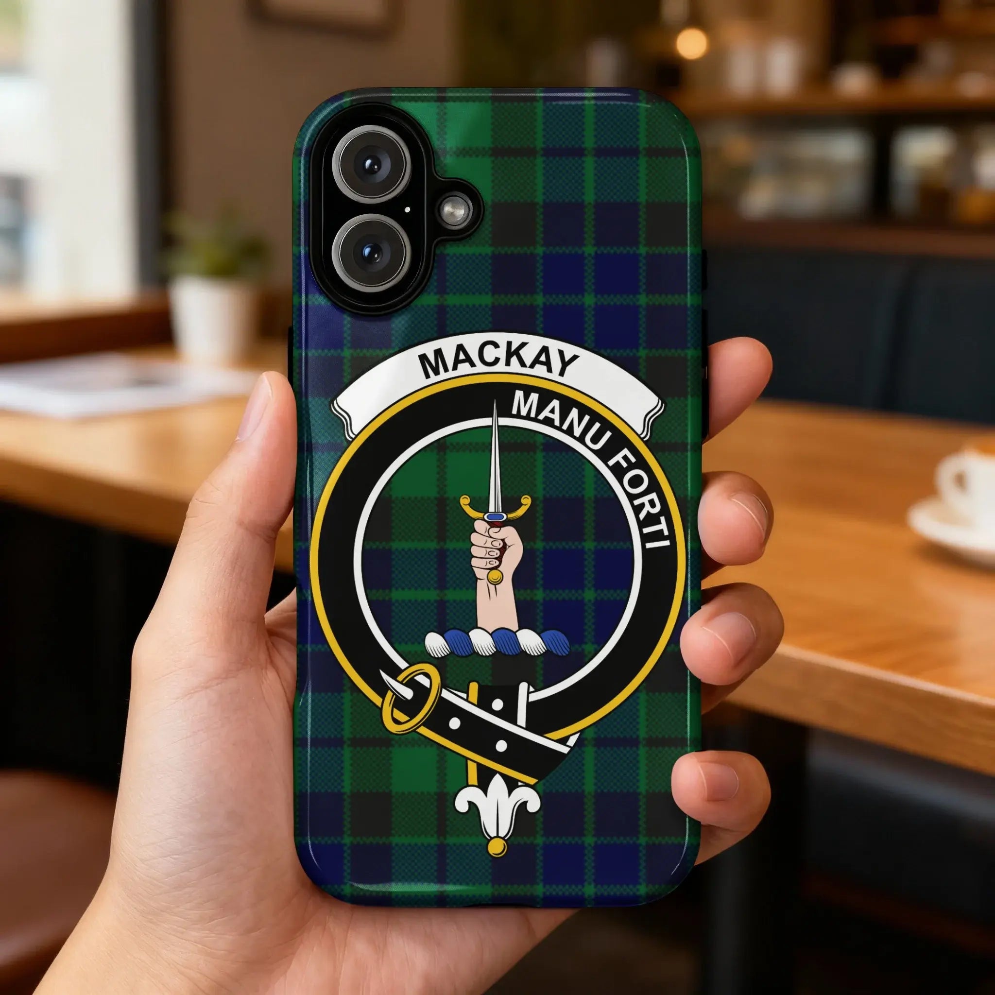 MacKay Manu Forti plaid clan crest phone case — full heraldic tartan design visible