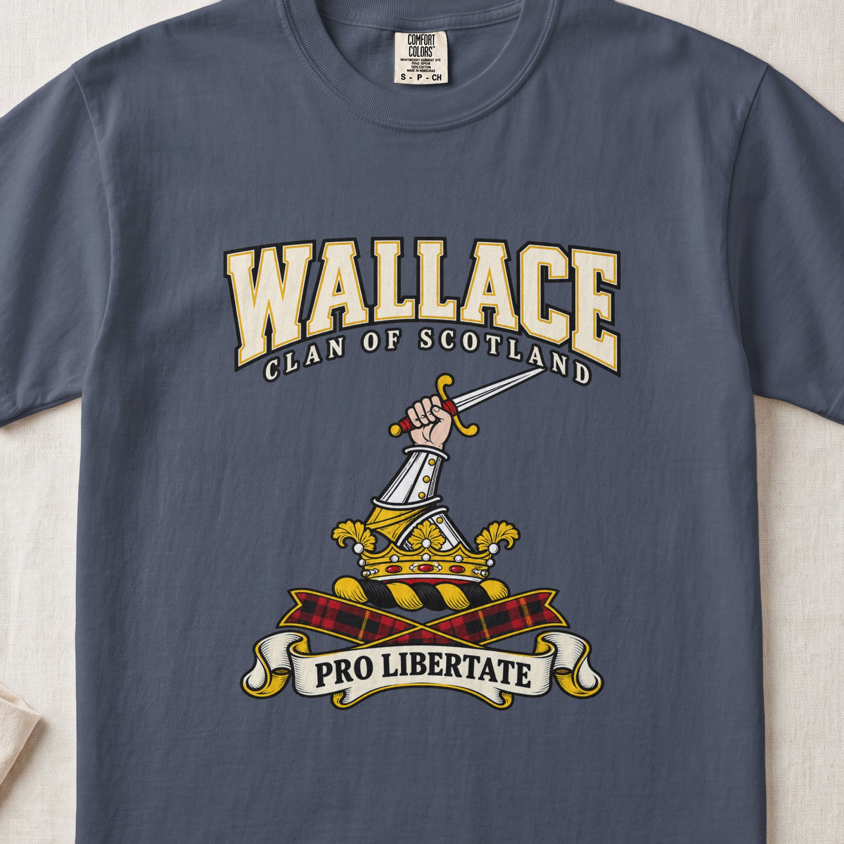 Wallace graphic T-shirt in Midnight blue, front flat lay showing varsity lettering and armoured arm holding sword.