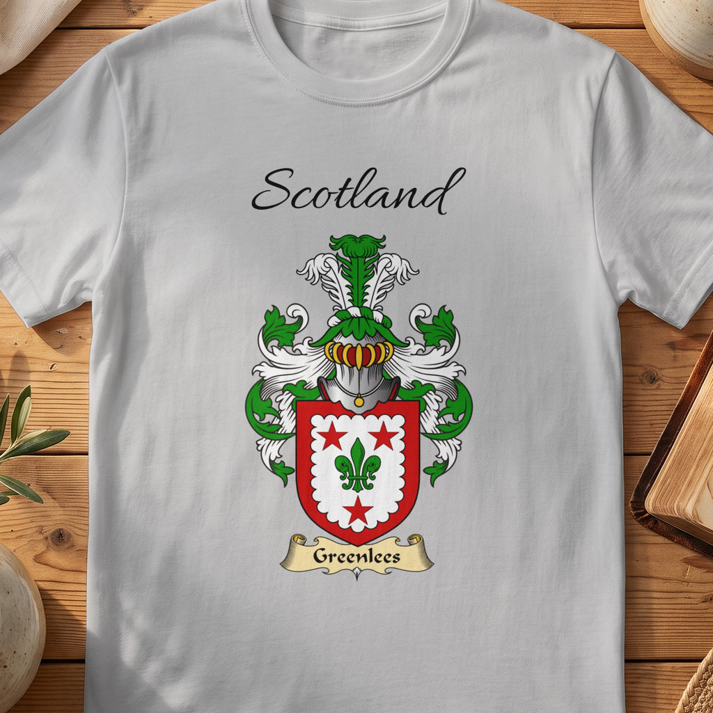 Sport Grey Greenlees Scottish family shield T-shirt featuring a green fleur-de-lis within a red border