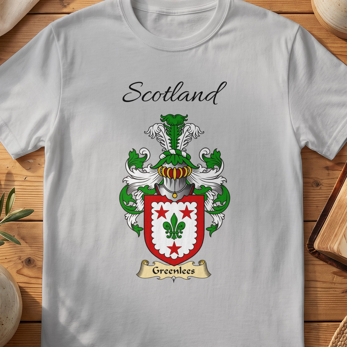 Sport Grey Greenlees Scottish family shield T-shirt featuring a green fleur-de-lis within a red border