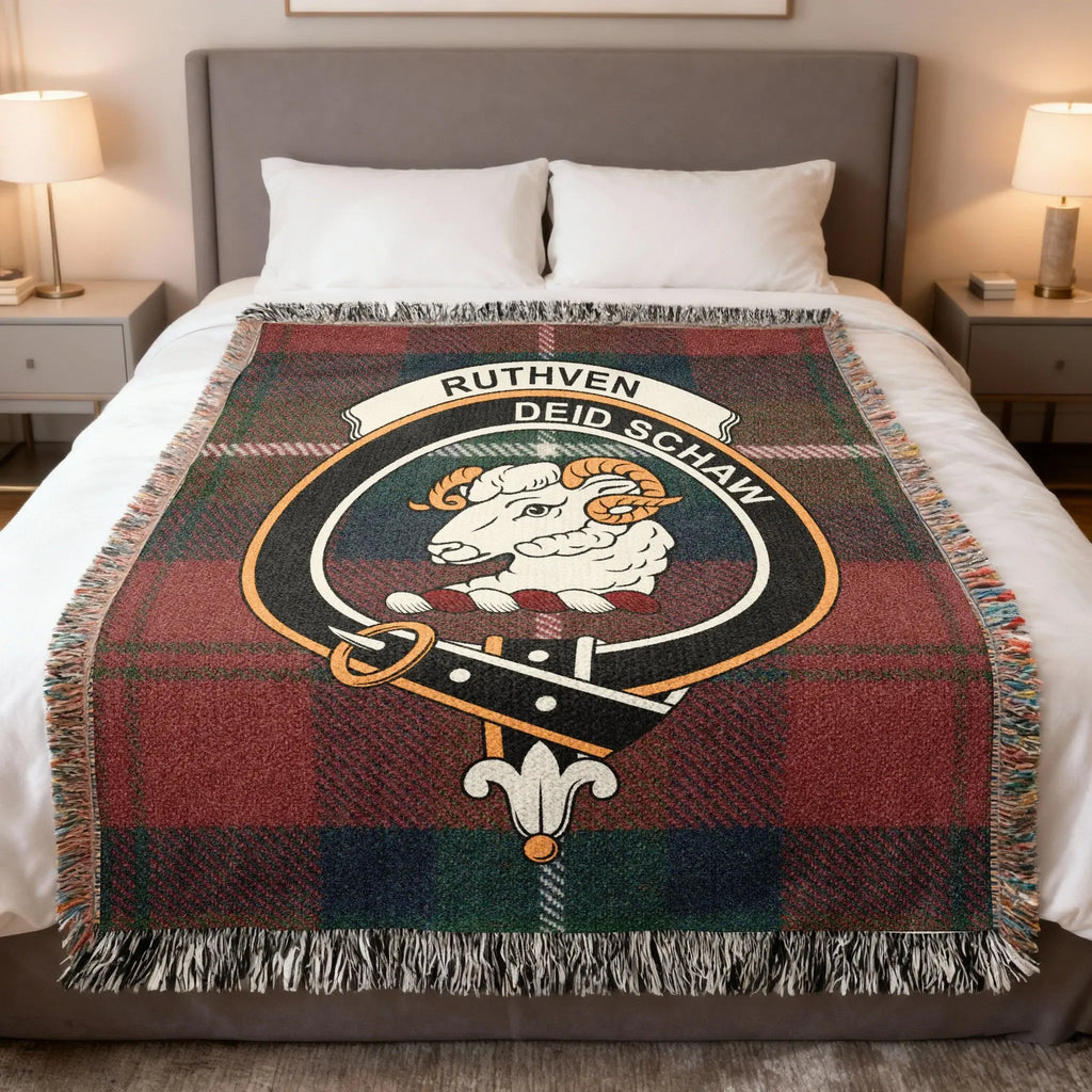 Clan Ruthven tartan woven blanket — 100% cotton with ram crest and plaid detail