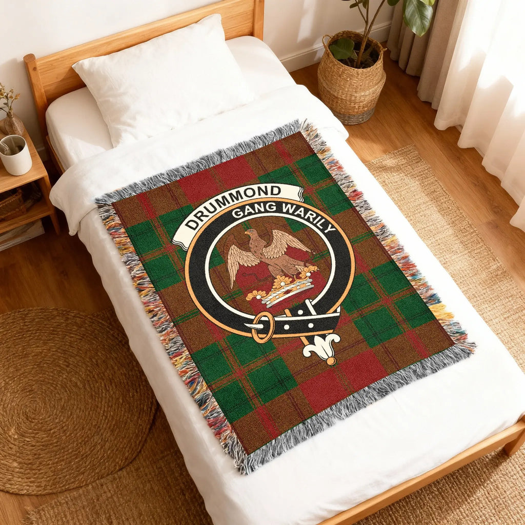 Drummond Highland clan crest tartan blanket — eagle heraldic design on 100% cotton weave