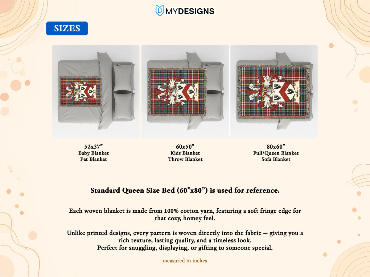 Size guide for Aitken Scottish family crest woven blanket with Caledonia tartan background