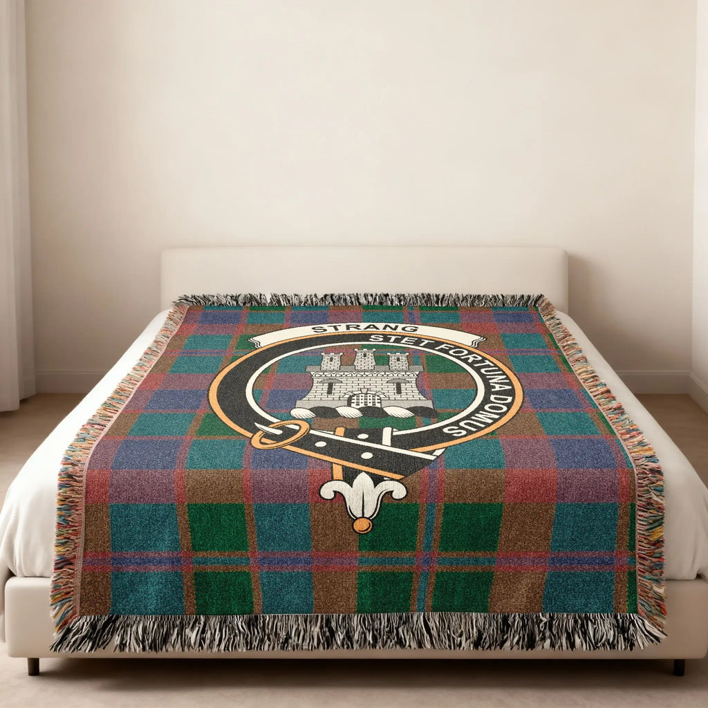 Strang highland clan crest tartan throw blanket — woven fringe finish