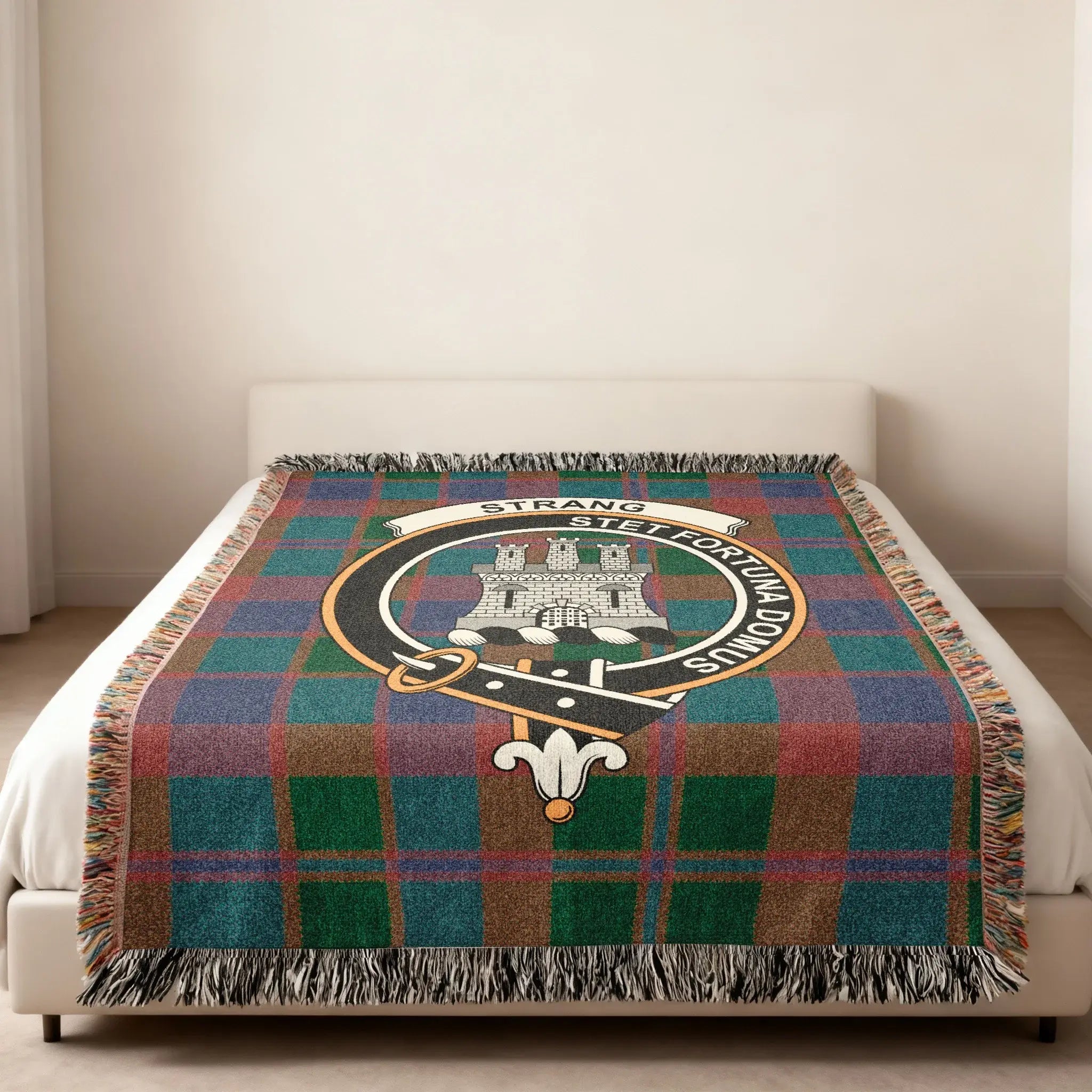 Strang highland clan crest tartan throw blanket — woven fringe finish