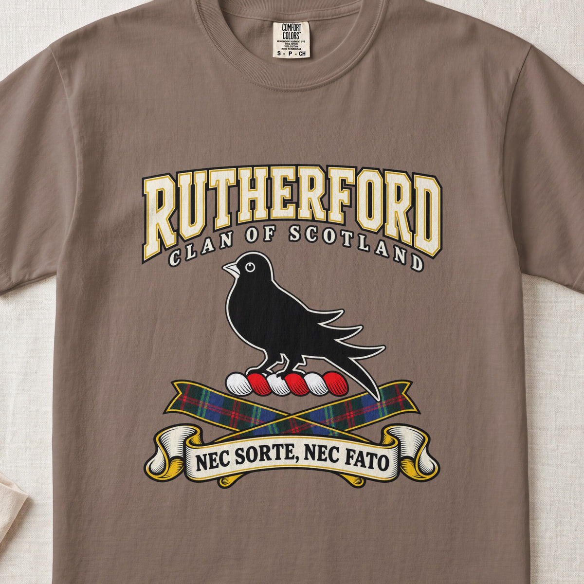 Rutherford Scottish clan graphic T-shirt in Espresso, front view