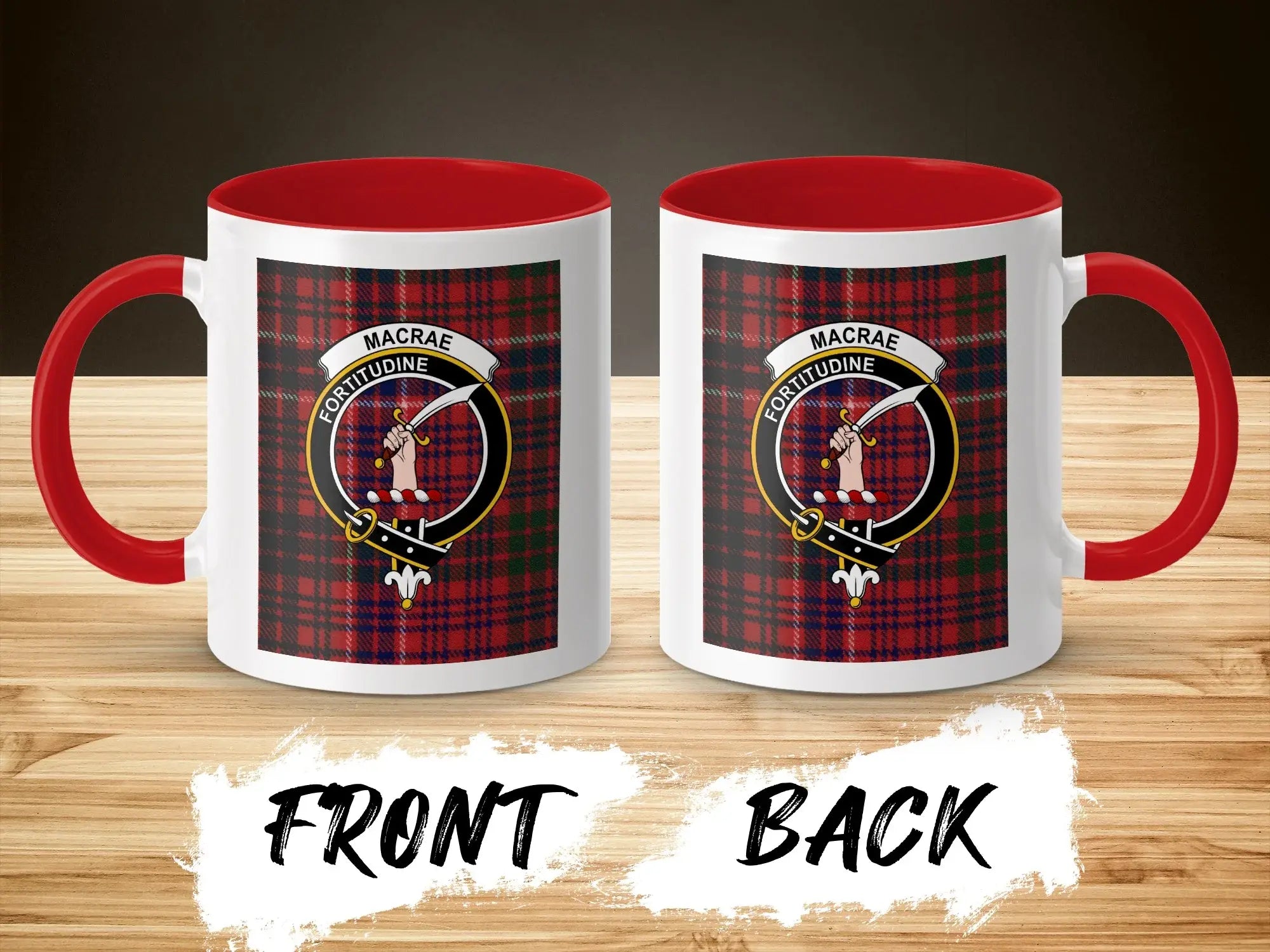 MacRae clan accent mug in red handle colourway — 11oz ceramic with crest and tartan print