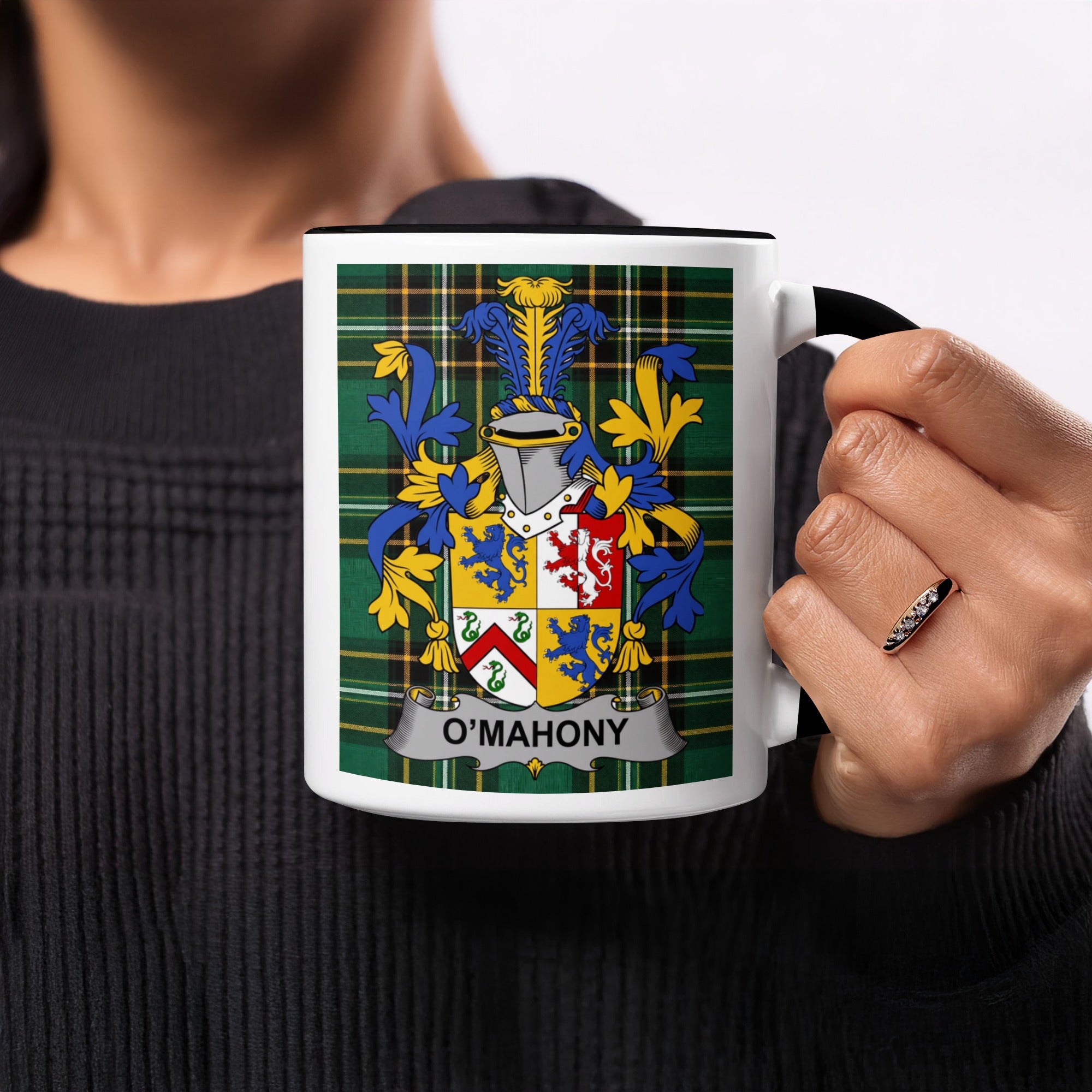 O'Mahony Irish family crest on tartan mug — close-up detail