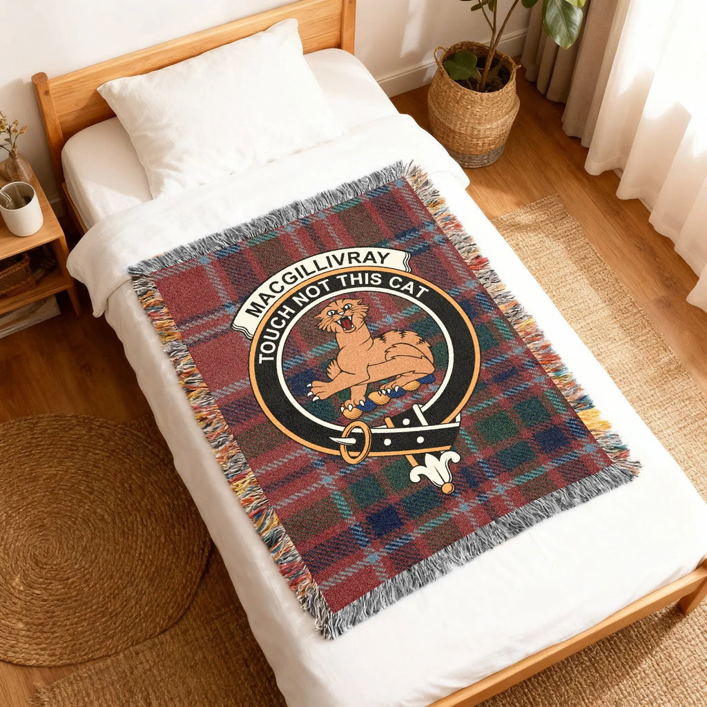 MacGillivray tartan pattern woven blanket — 80x60 inch large heirloom size crest detail