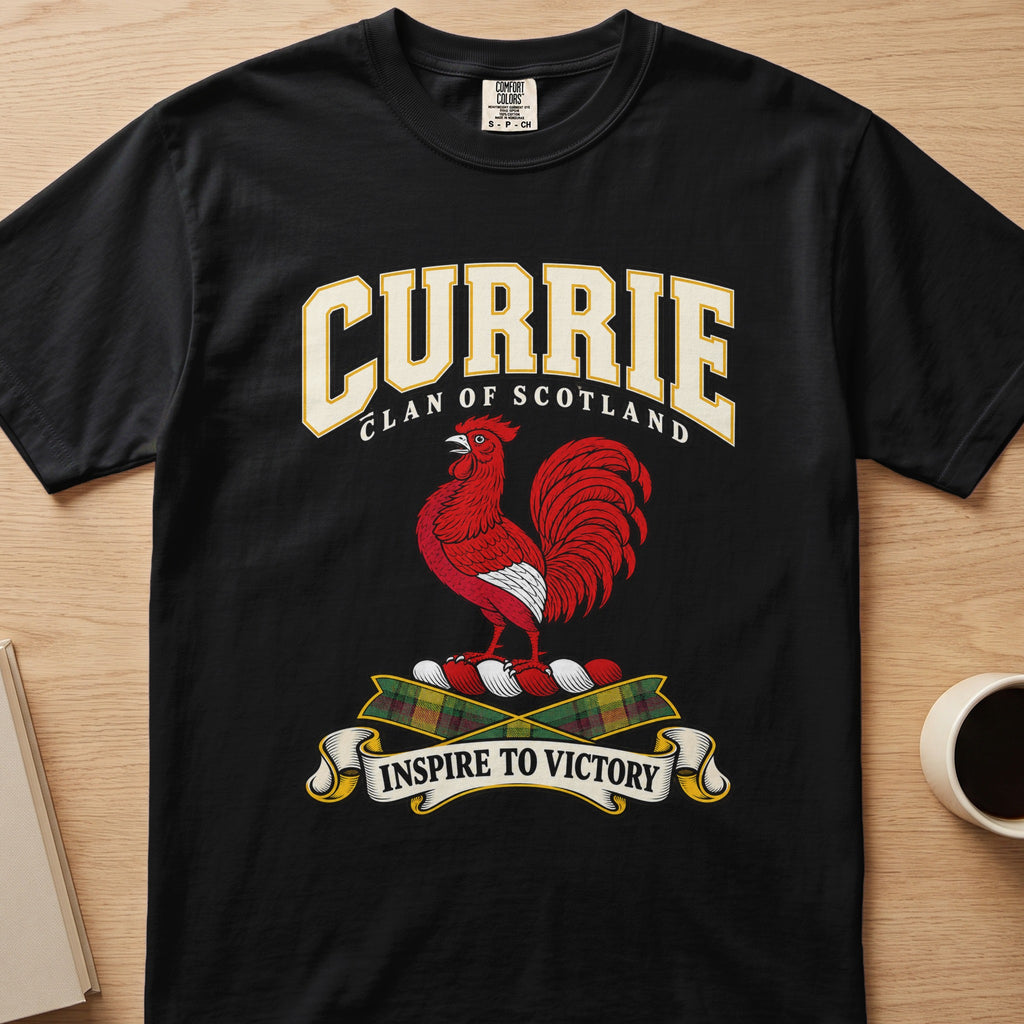 Currie clan crest with red rooster on a black Comfort Colors T-shirt, front view
