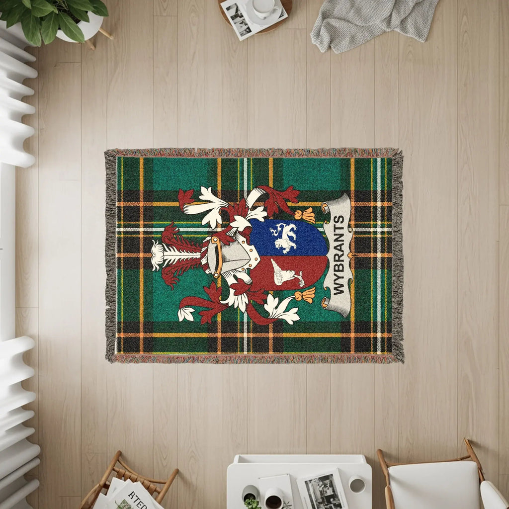 Wybrants family crest woven blanket with plaid pattern.