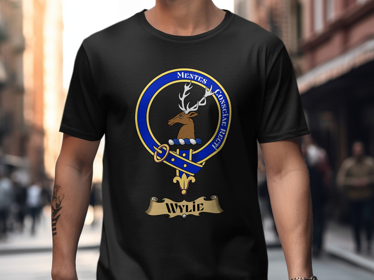 Wylie Scottish clan crest design on Black T-shirt