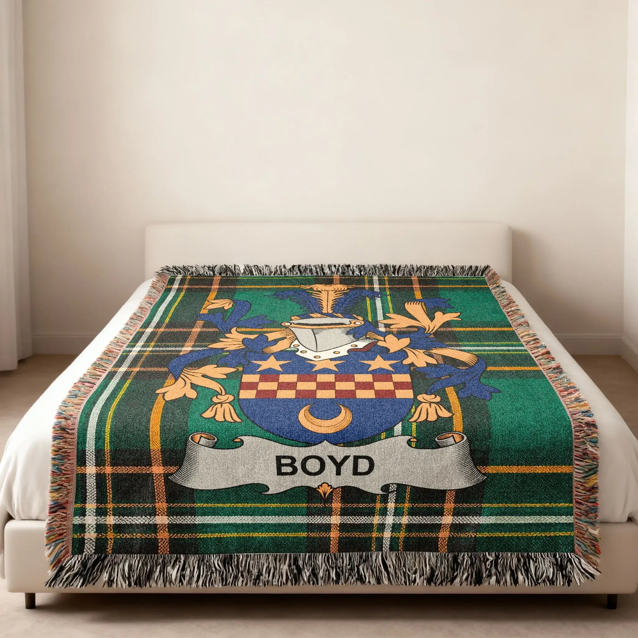 Boyd family crest woven blanket in green Irish national tartan — 60x50 size