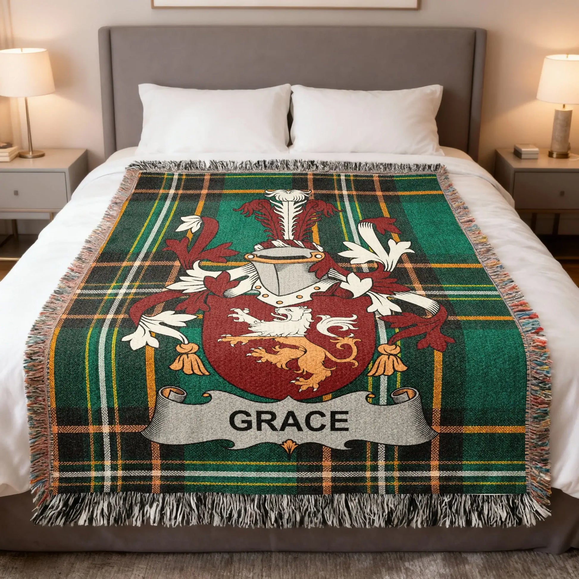 Tartan blanket with a coat of arms featuring the name GRACE.