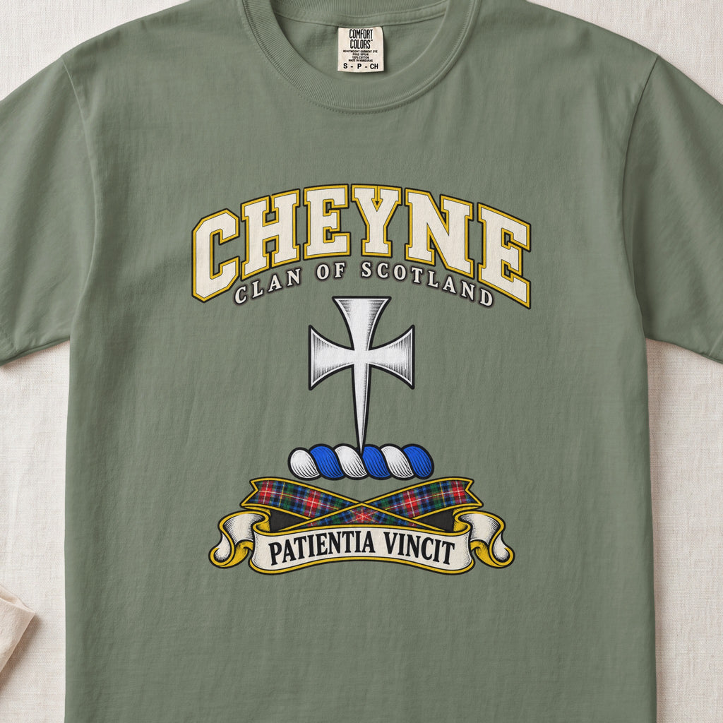 Cheyne Scottish clan T-shirt in Moss, front view with a silver cross with flared arms and motto design.