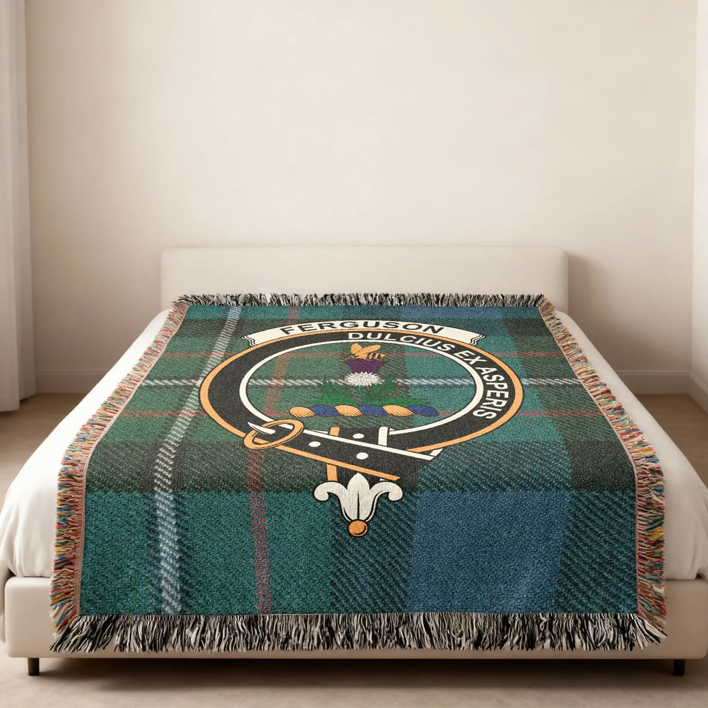Ferguson Dulcius Ex Asperis tartan design woven blanket — clan crest at centre, fringe edge visible