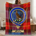 Watt clan crest red tartan throw blanket with Fide et Fiducia motto — 50x60