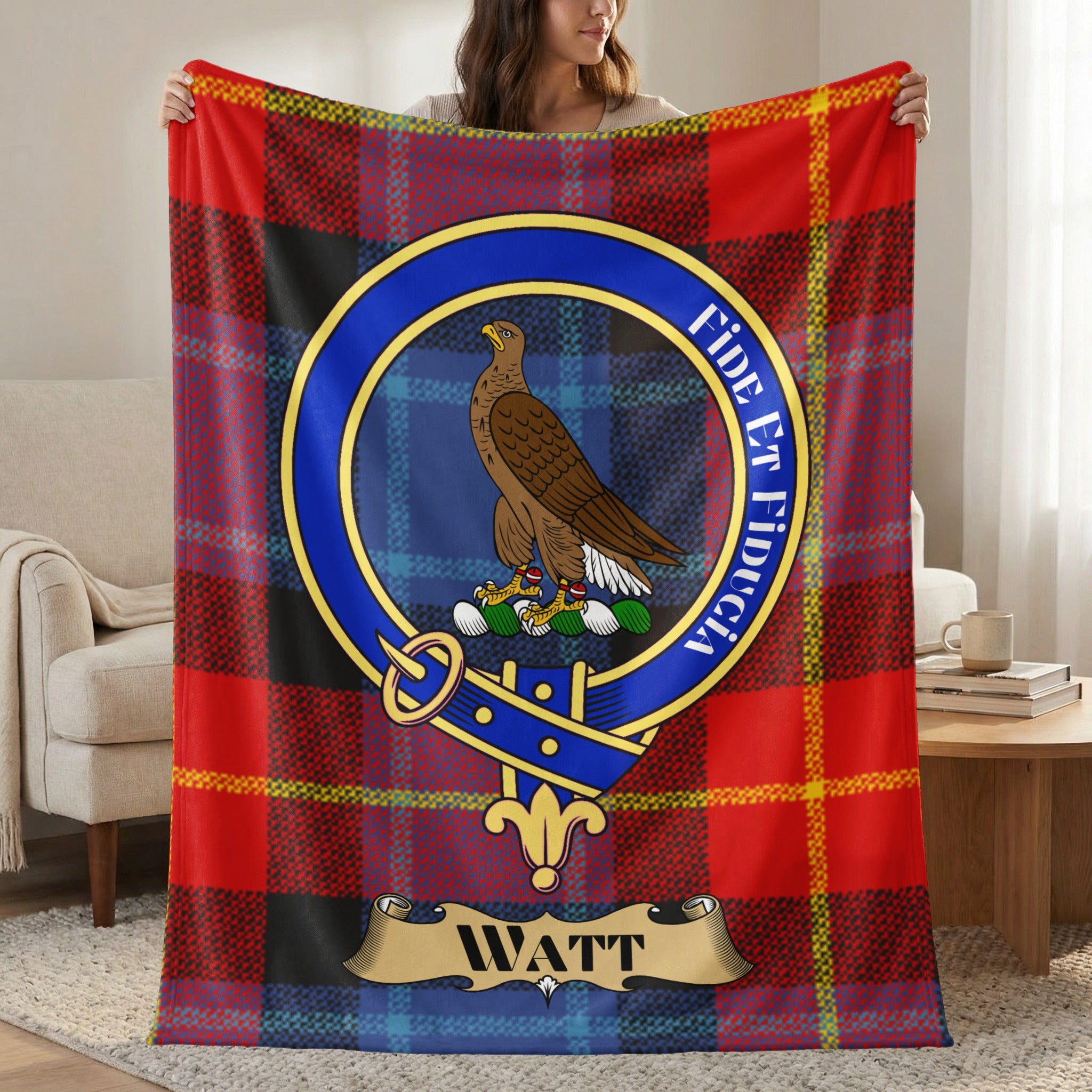 Watt clan crest red tartan throw blanket with Fide et Fiducia motto — 50x60