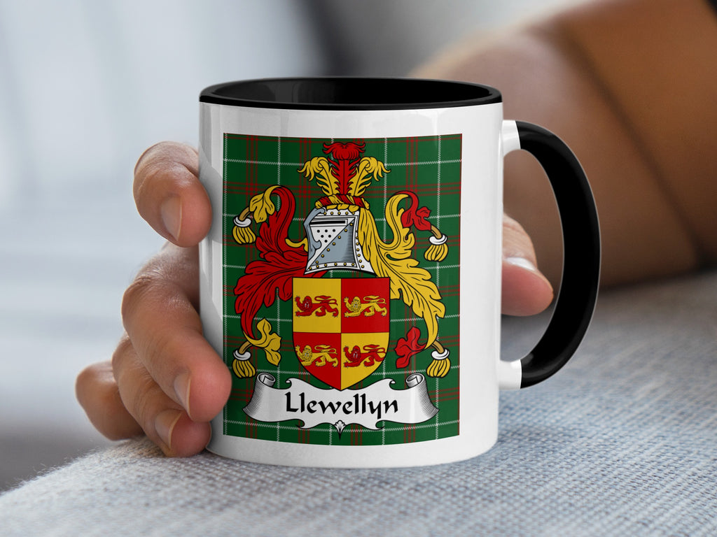 Llewellyn Welsh coat of arms accent mug with black handle on Welsh National Tartan
