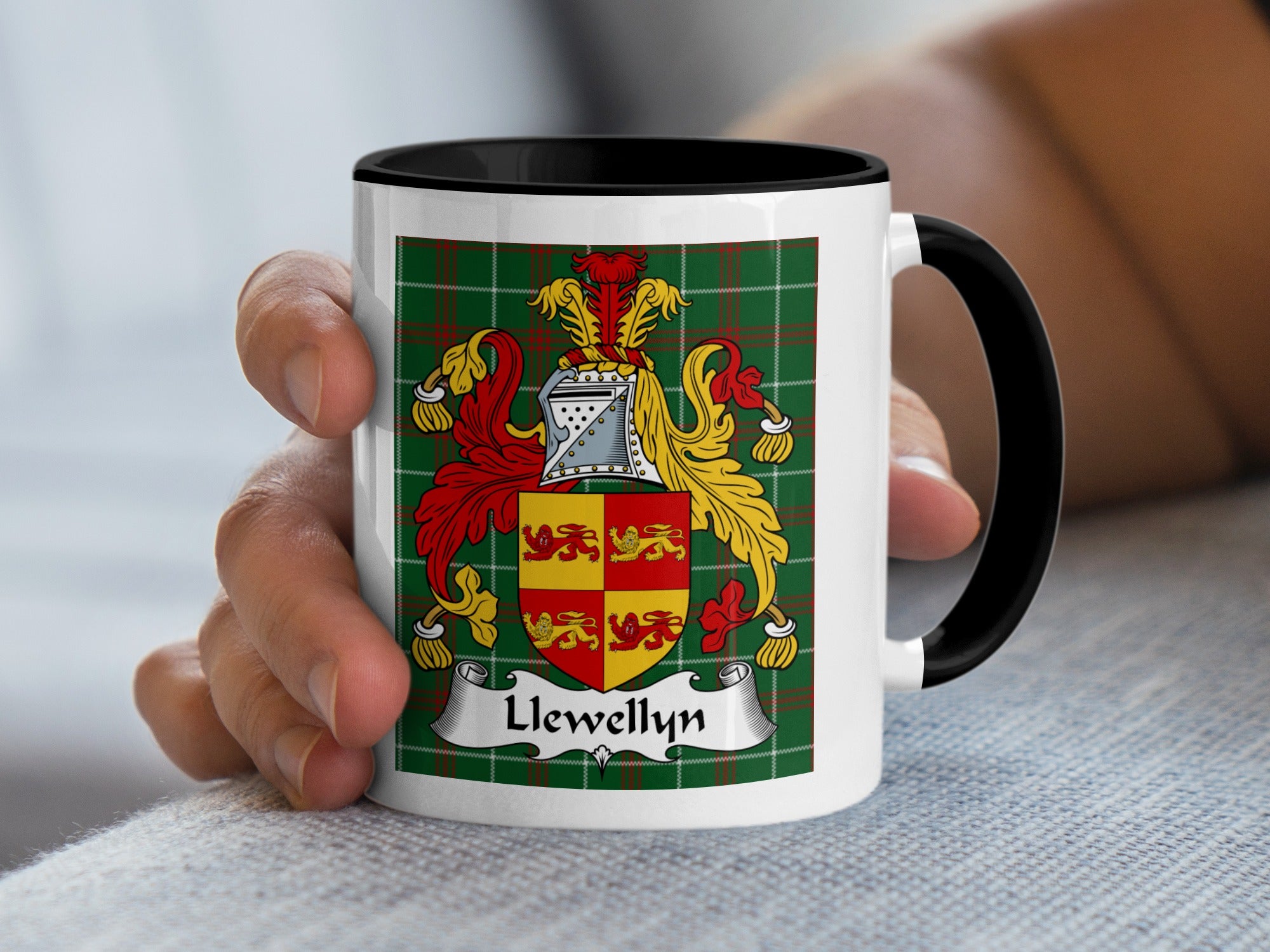 Llewellyn Welsh coat of arms accent mug with black handle on Welsh National Tartan