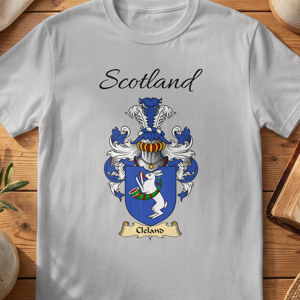 Sport Grey Cleland Scottish family shield T-shirt featuring a white hare with a green hunting horn