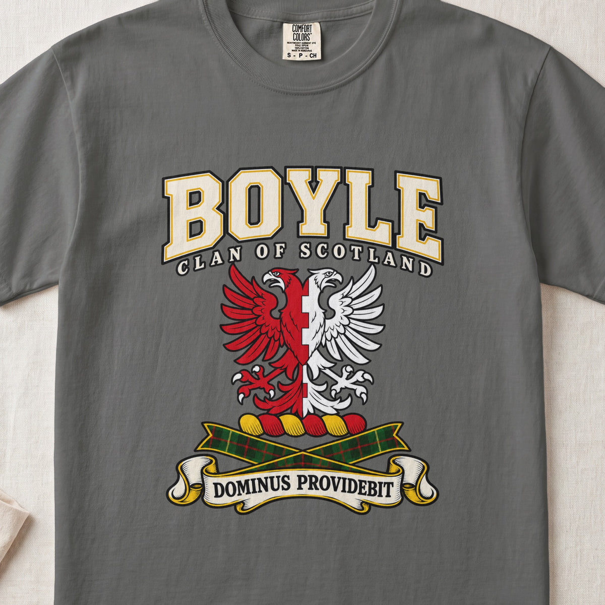 Boyle Scottish clan graphic T-shirt in Pepper, front view