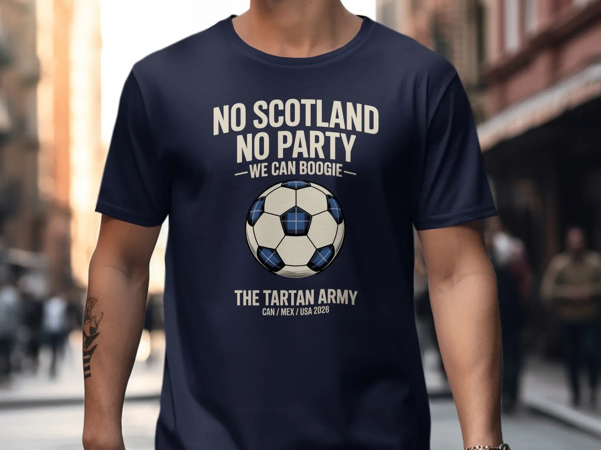 Navy t-shirt with "No Scotland No Party" and soccer ball graphic.