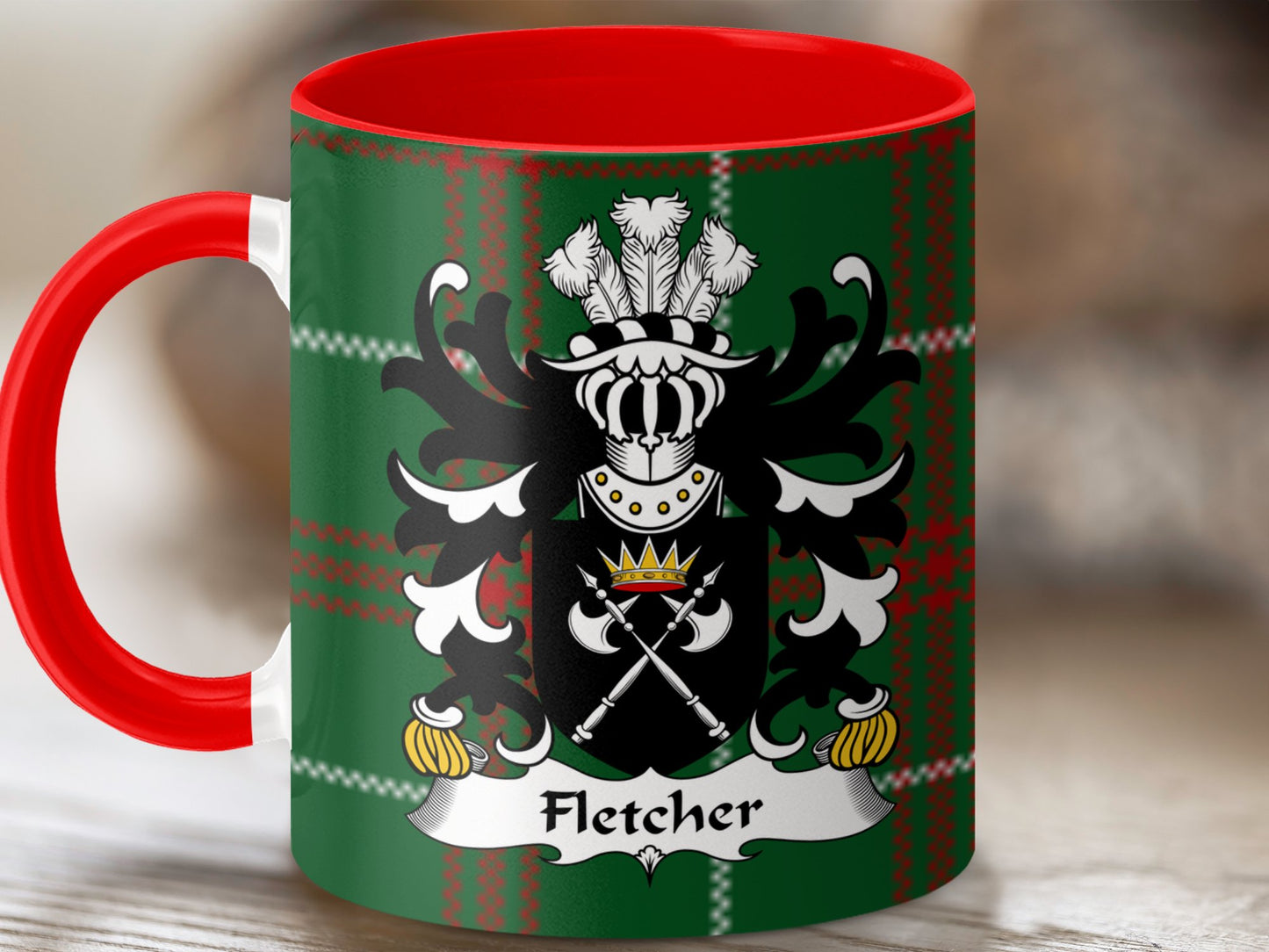 Fletcher Family Crest on Welsh National Tartan Background Mug - Living Stone Gifts