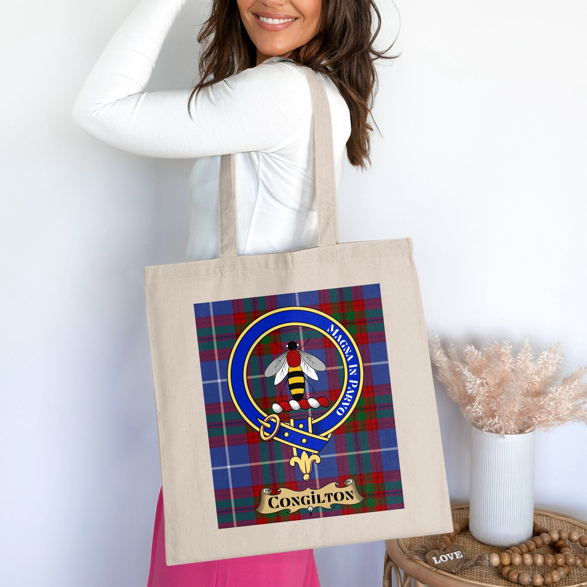 Congilton Crest on Scottish Tartan Background Tote Bag - Living Stone Gifts