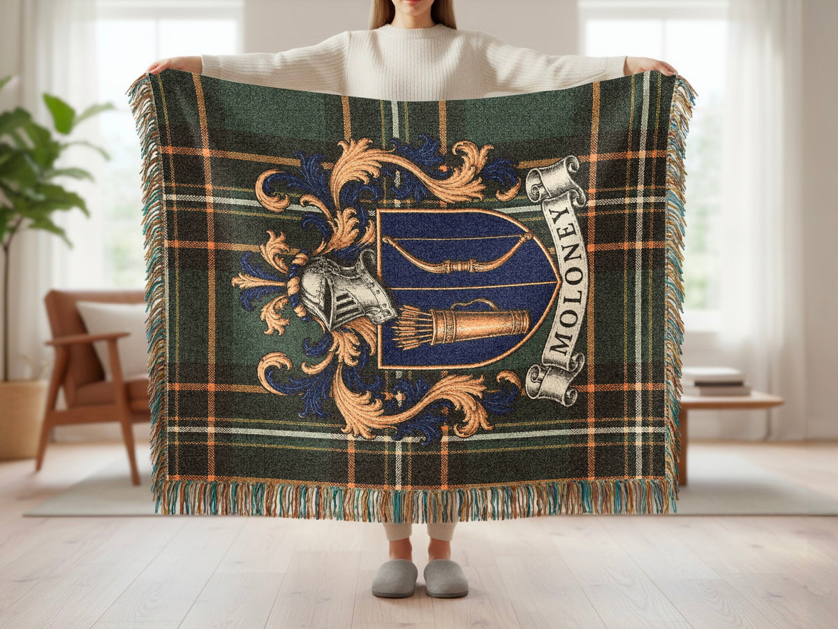 Moloney Irish National Tartan woven blanket with family crest and fringed edges