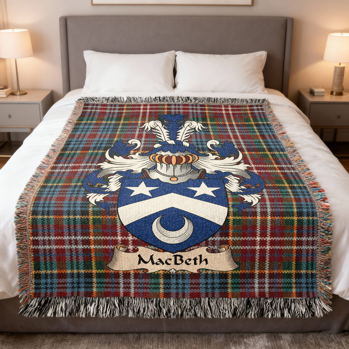 MacBeth Caledonia tartan heritage woven throw blanket with family shield