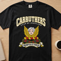 Carruthers pale face framed by golden wings graphic on a black Comfort Colors T-shirt, front view