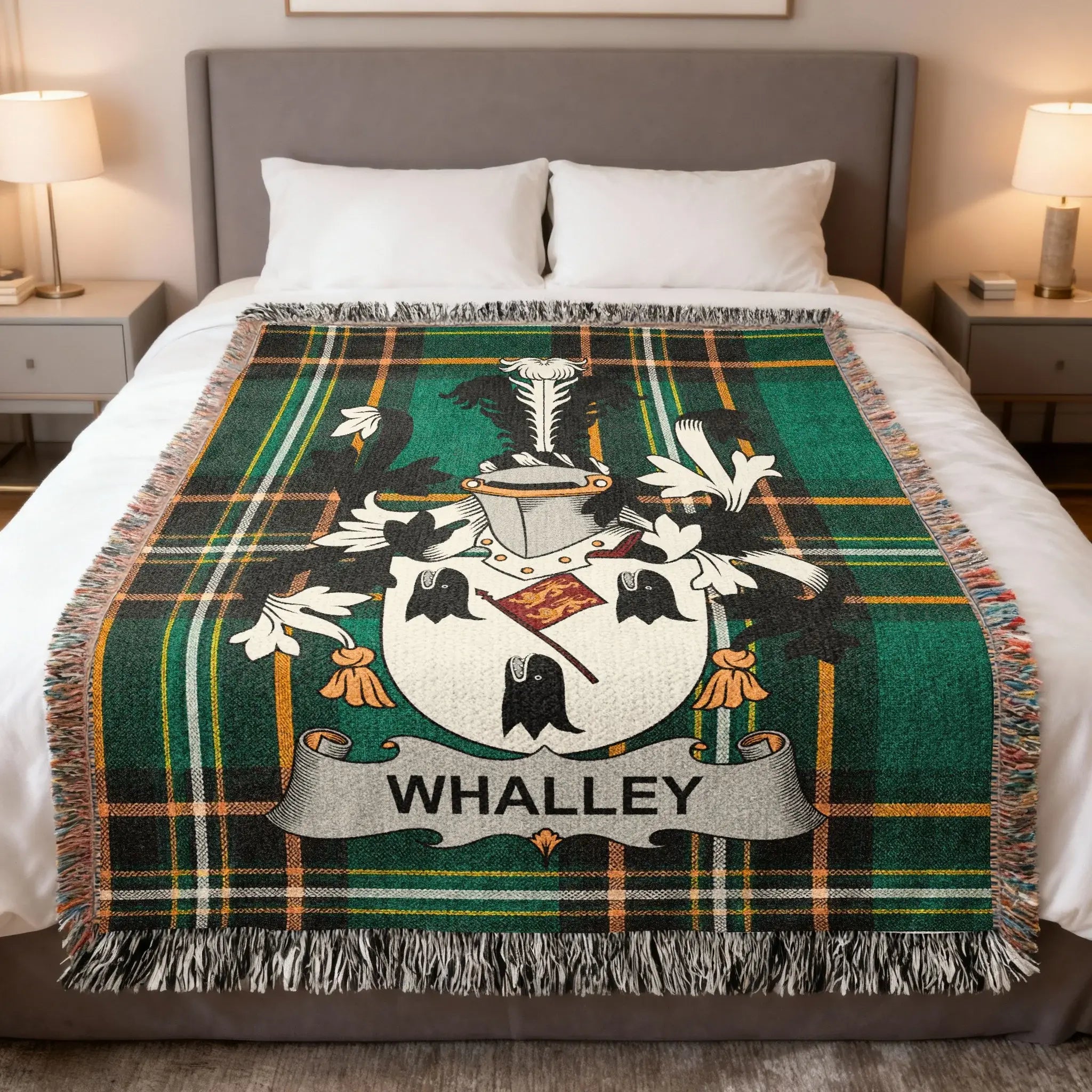 Green tartan throw blanket with Whalley family crest and name.