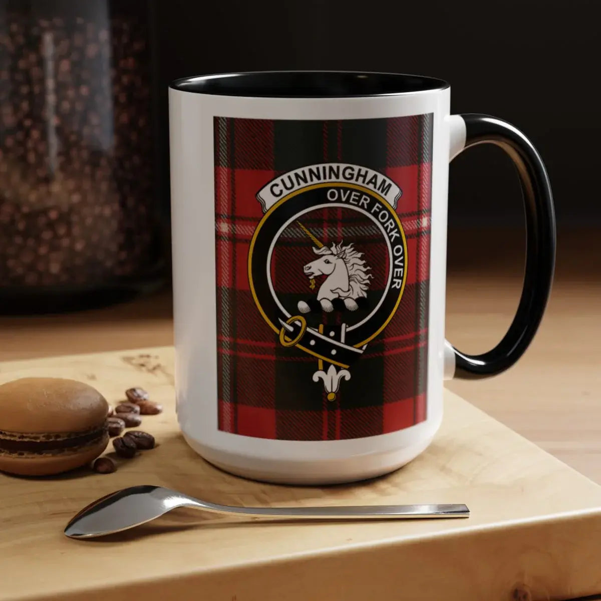 Cunningham Over Fork Over plaid mug with unicorn design — 15oz glossy ceramic