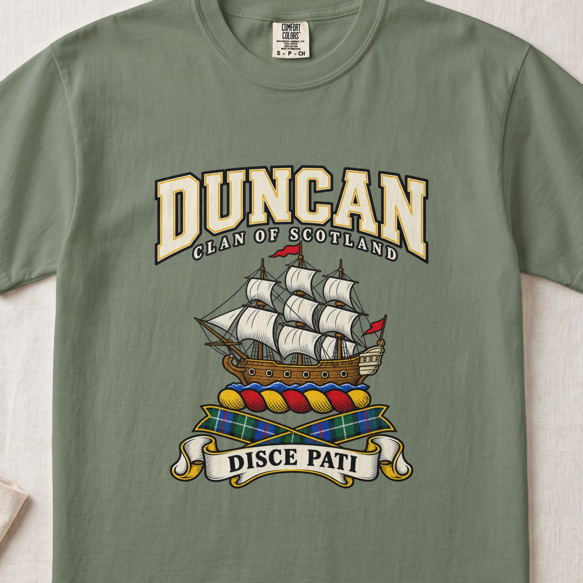 Duncan Scottish clan graphic T-shirt in Moss, front view