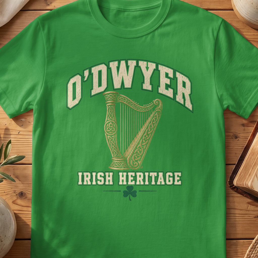 O'Dwyer Irish Heritage green Gildan 64000 T-shirt with Celtic harp design