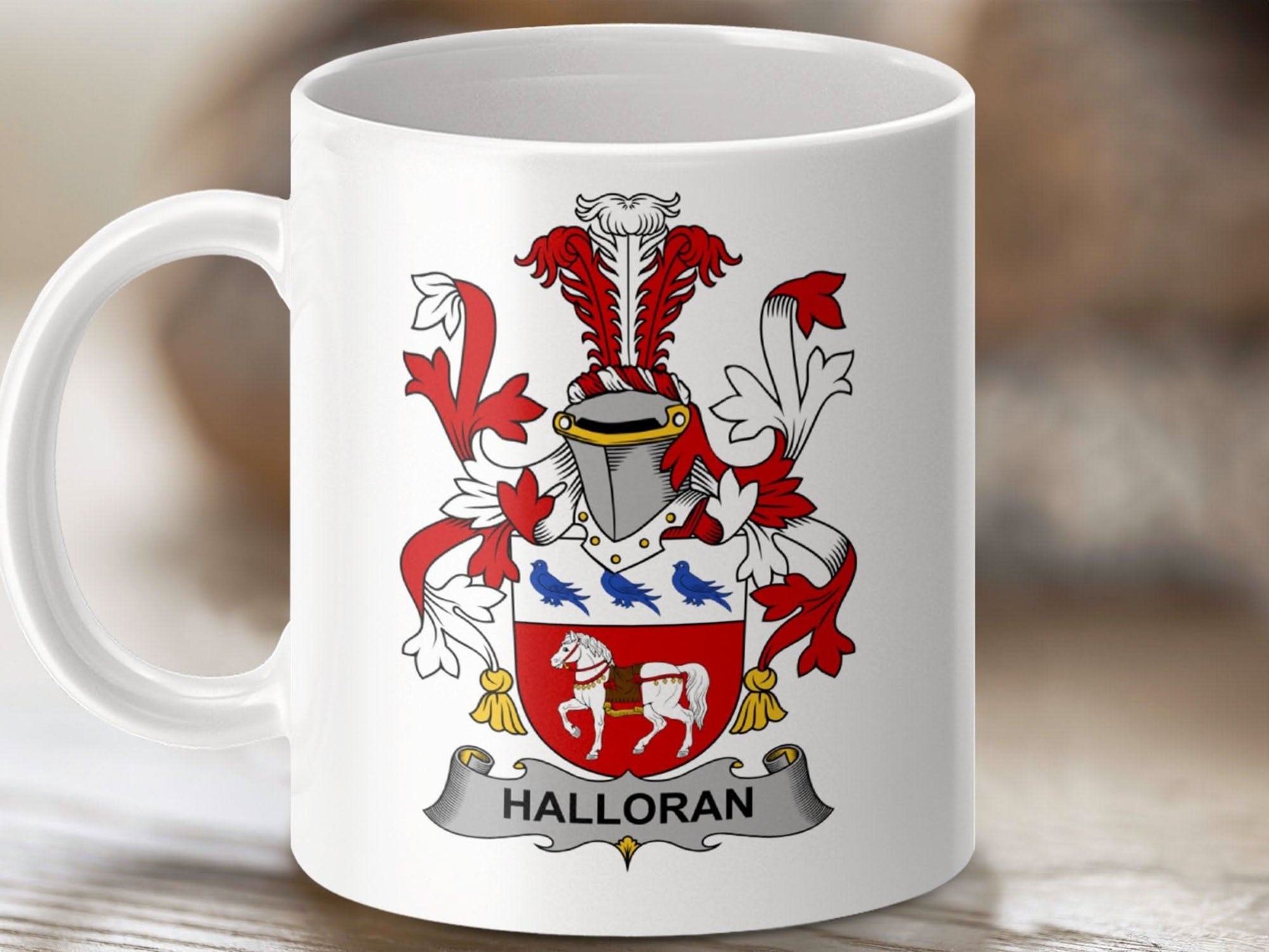 Halloran Irish Surname Family Crest Coat Arms Heraldry mug - Celtic Ancestry Gifts