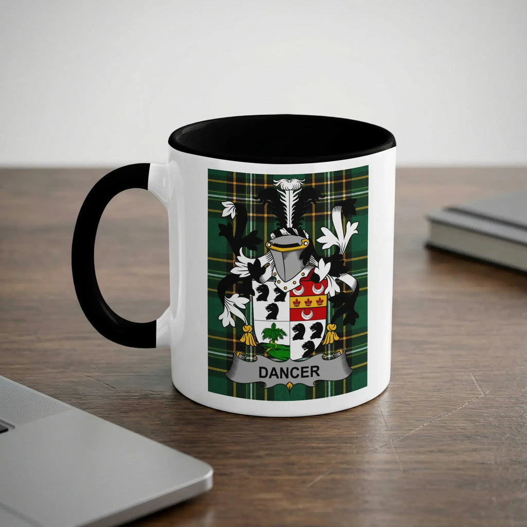 Mug featuring the Dancer family crest with black handle and rim.
