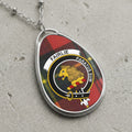 Fairlie clan Scottish tartan necklace with clan crest and Paratus Sum motto on tartan background
