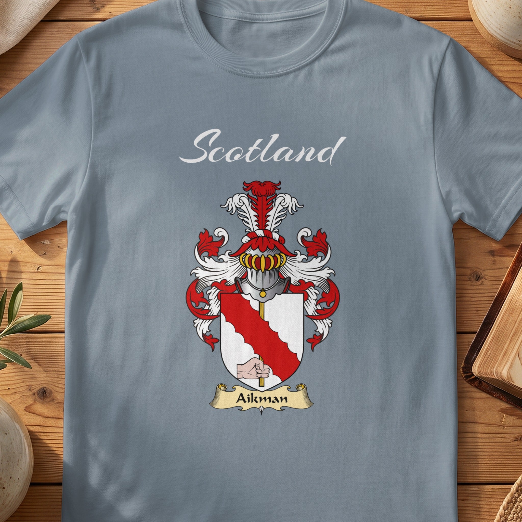 Aikman Scottish family shield T-shirt in Stone Blue