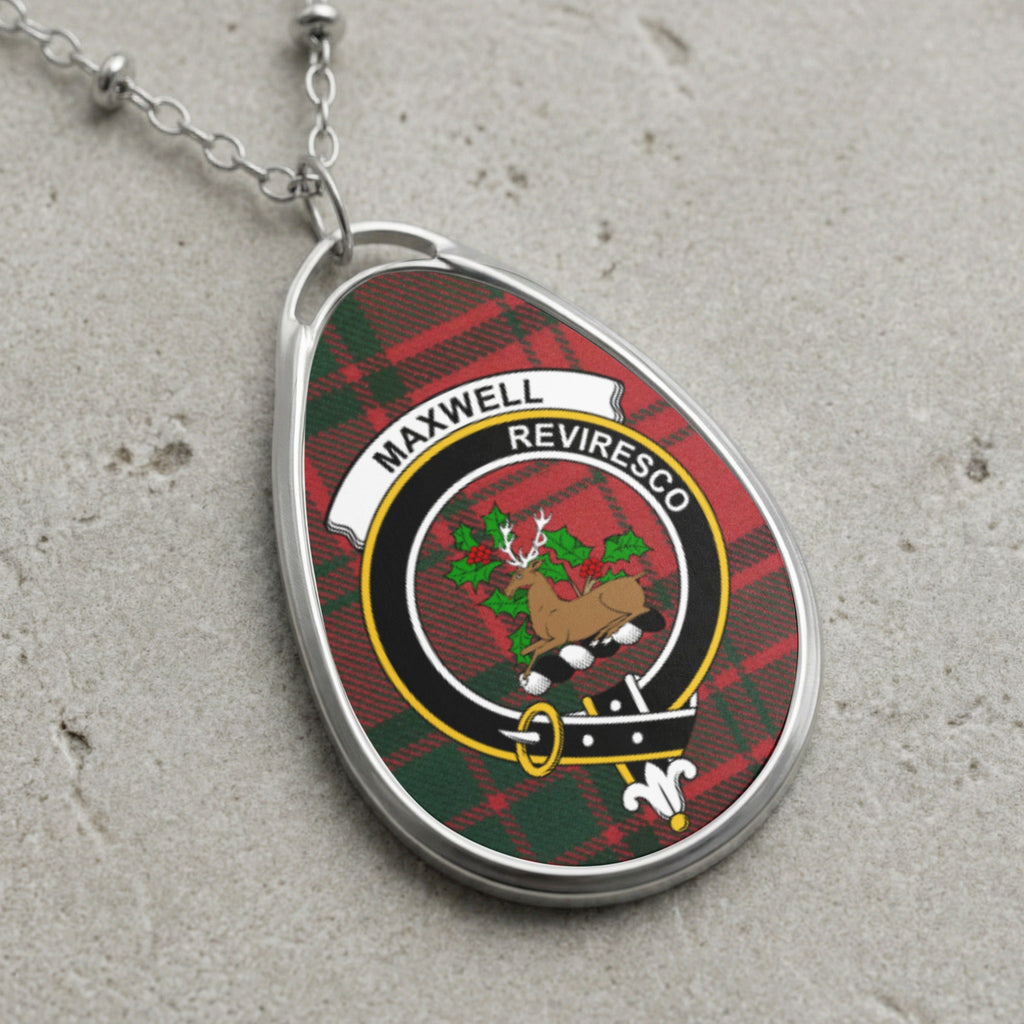 Silver oval pendant necklace with Maxwell tartan and crest featuring a stag.