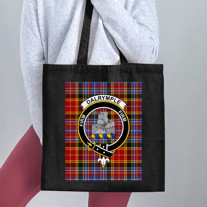 Dalrymple Family Crest on Red Tartan Background Tote Bag - Living Stone Gifts