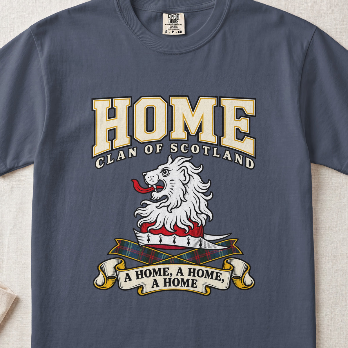 Home Scottish clan graphic T-shirt in Midnight, front view