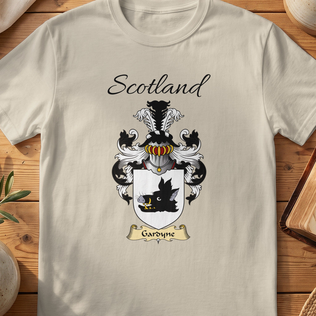 Sand Gardyne Scottish family shield T-shirt featuring a black boar head on white
