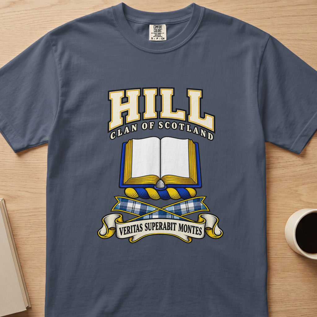 Hill clan T-shirt in slate blue, front view with open book with blue and gold edging