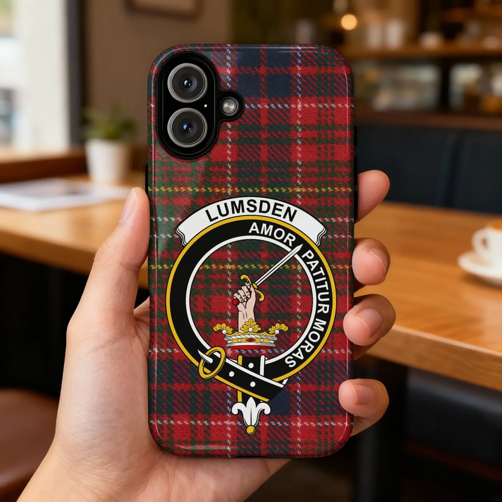 Clan Lumsden tartan crest phone case — full 3D wrap with Amor Patitur Moras motto, glossy finish