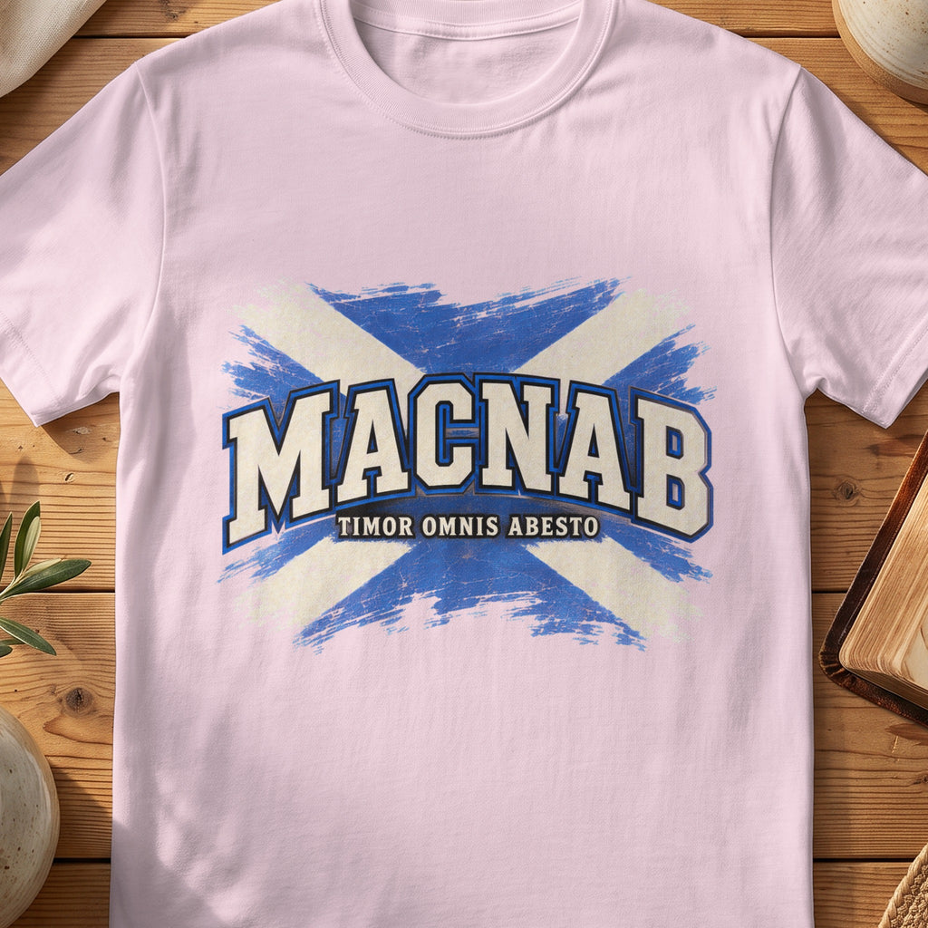 MacNab Scottish Saltire T-shirt in Light Pink, with distressed blue and cream flag and “Timor Omnis Abesto” lettering.