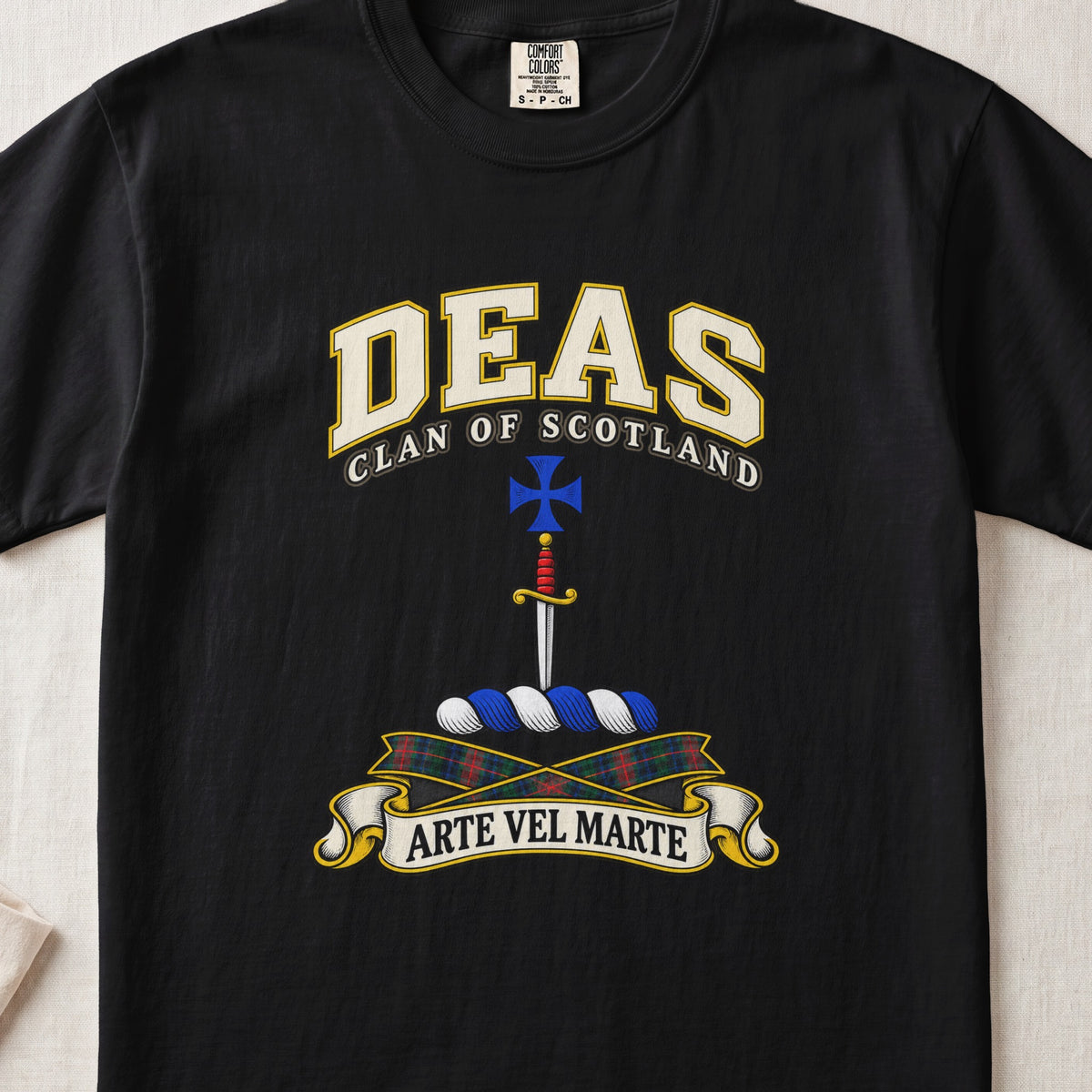 Deas Scottish clan T-shirt in Black, front view with a vertical dagger and blue cross and motto design.
